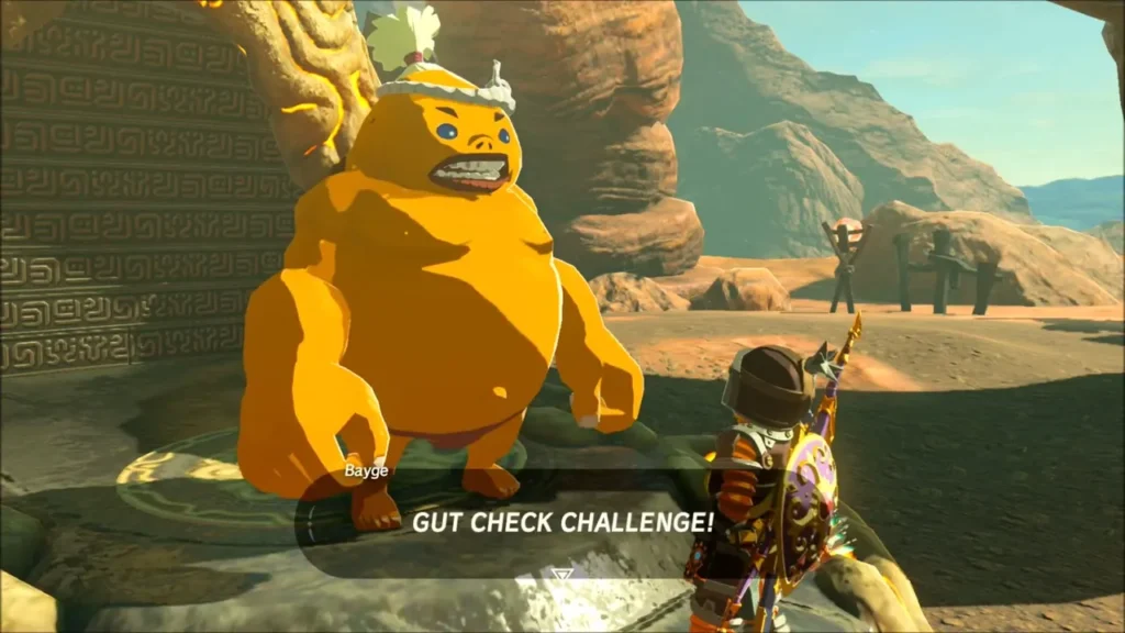 Link speaking to Bayge at the base of the pillar for the Gut Check Challenge Link speaking to Bayge at the base of the pillar for the Gut Check Challenge