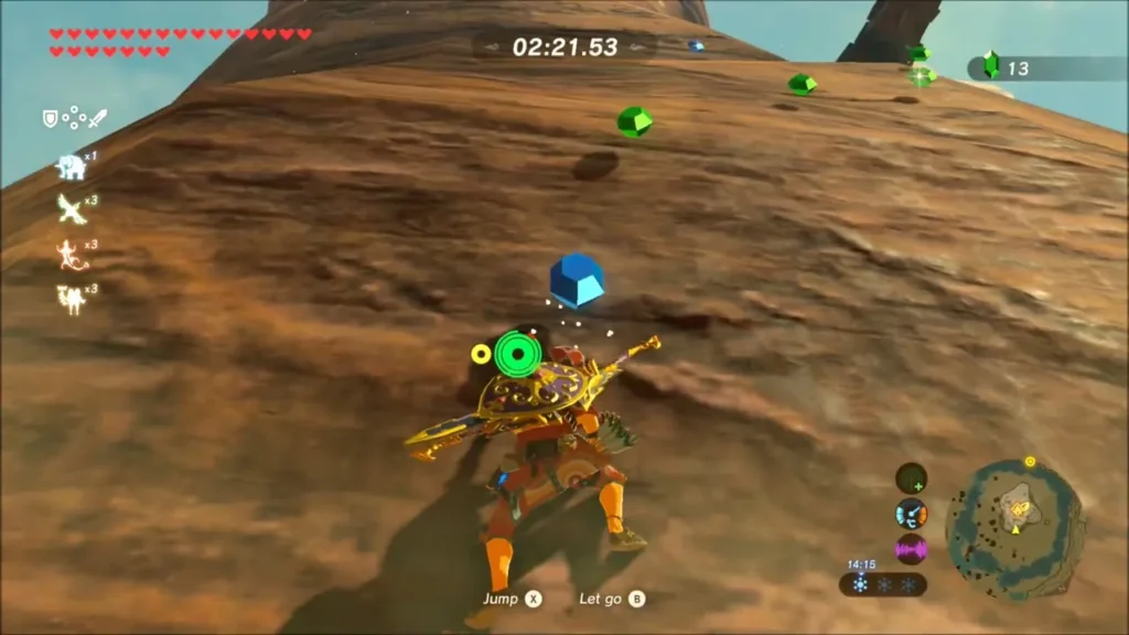 Link collecting a blue rupee on the steep pillar wall Link collecting a blue rupee on the steep pillar wall