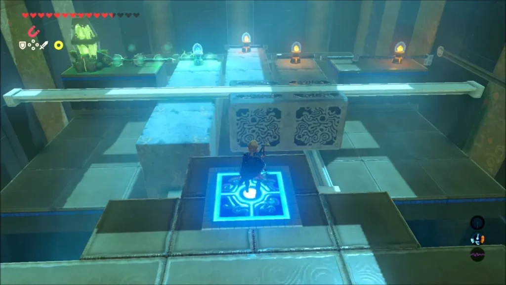 Link standing on the glowing floor switch below a frozen block in the last room Link standing on the glowing floor switch below a frozen block in the last room
