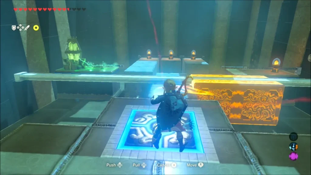 Link on the floor switch moving the metal bar with Magnesis over the columns Link on the floor switch moving the metal bar with Magnesis over the columns