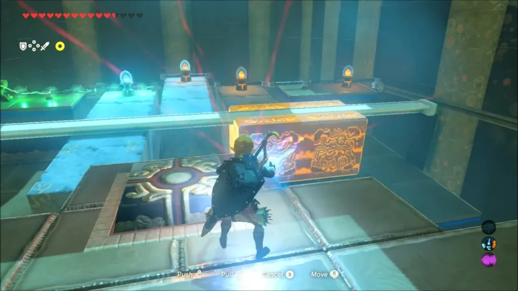 Link beside the Stasis-frozen block next to a recessed floor switch Link beside the Stasis-frozen block next to a recessed floor switch