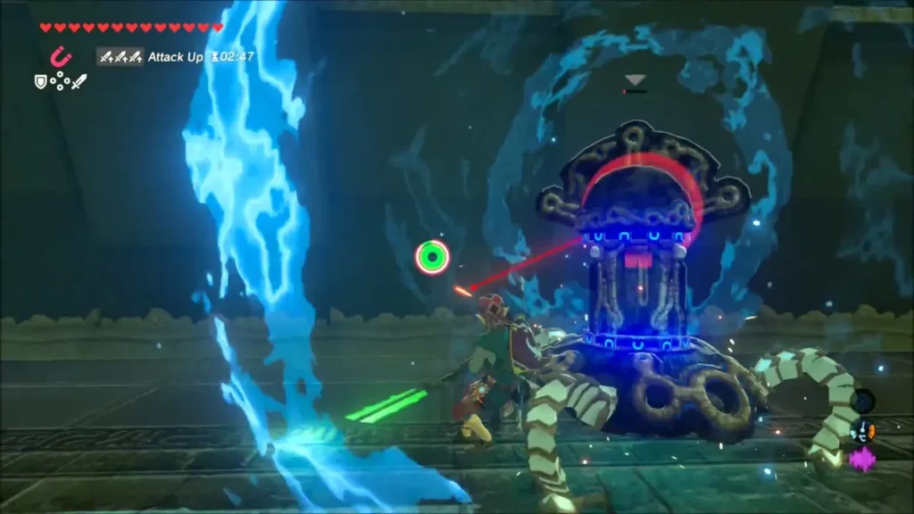 Guardian Scout aiming a red laser at Link with steam rising Guardian Scout aiming a red laser at Link with steam rising