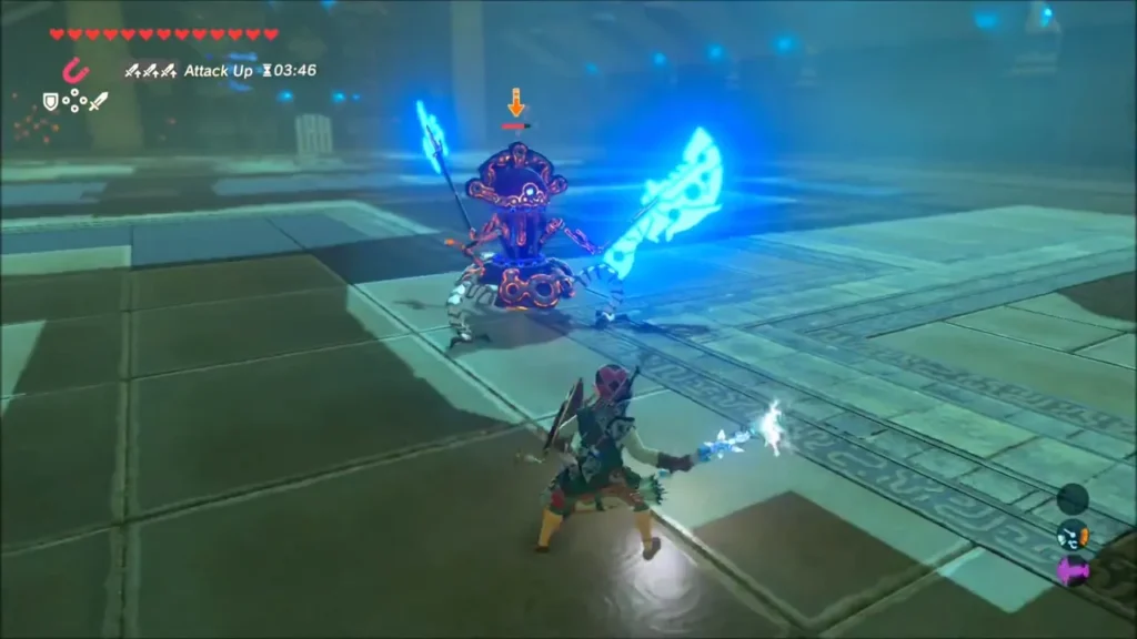 Link walking aside from the Guardian Scout's attack Link walking aside from the Guardian Scout's attack
