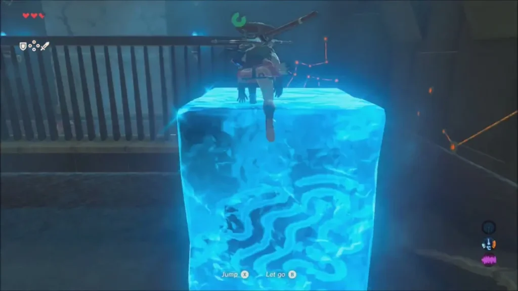 Link climbing an ice block raised from the water with Cryonis Link climbing an ice block raised from the water with Cryonis