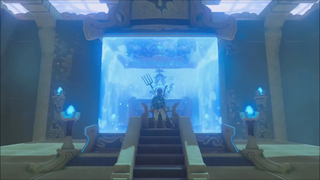 Link standing before the monk at the top of the stairs behind a blue barrier Link standing before the monk at the top of the stairs behind a blue barrier