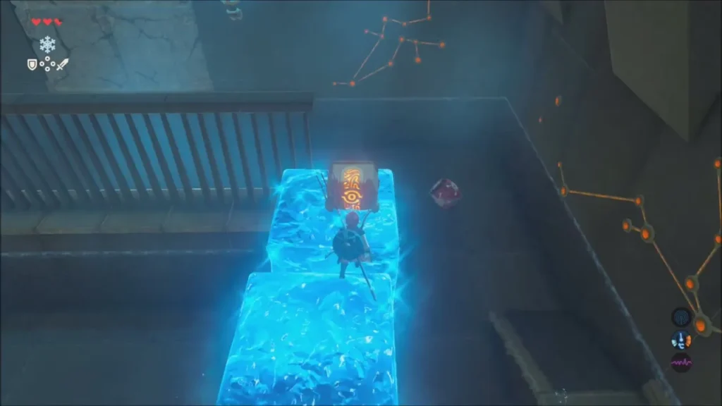 Link atop ice blocks beside a chest on the water Link atop ice blocks beside a chest on the water