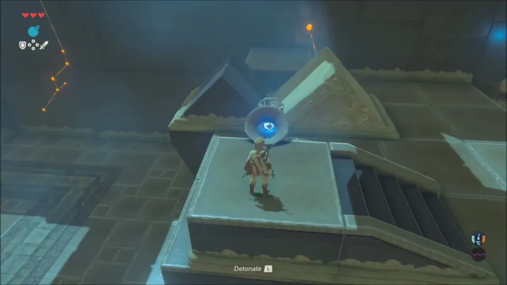 Link on a stone ledge with a cube bomb placed on the platform, ready to detonate Link on a stone ledge with a cube bomb placed on the platform, ready to detonate