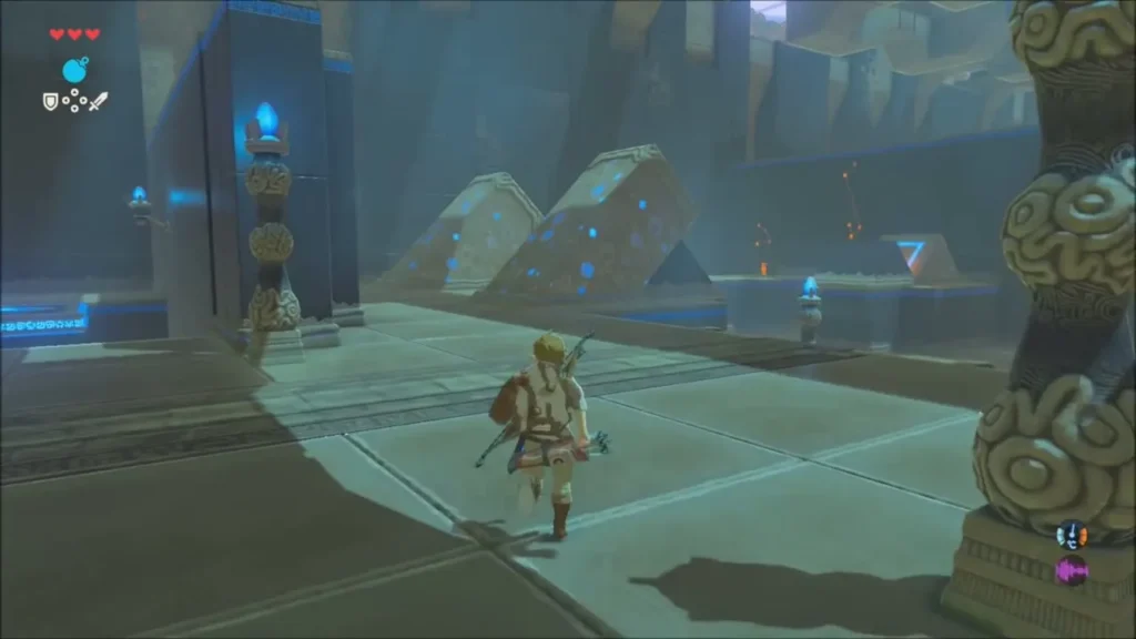 Link running through the hallway toward cracked blocks Link running through the hallway toward cracked blocks