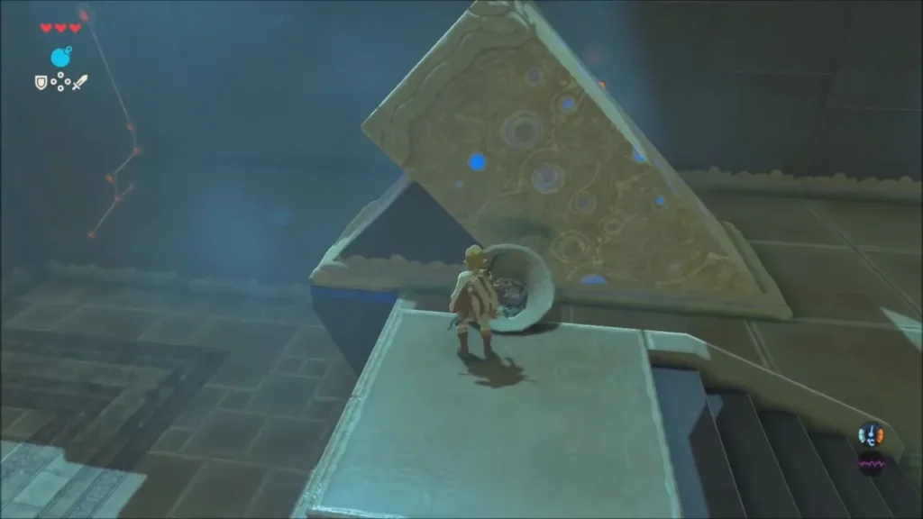 Link on a moving platform in front of a cracked wall Link on a moving platform in front of a cracked wall