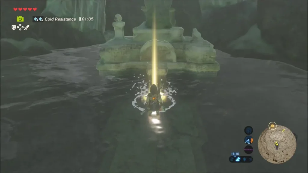 Link in the spring water before the goddess statue as a golden beam rises Link in the spring water before the goddess statue as a golden beam rises