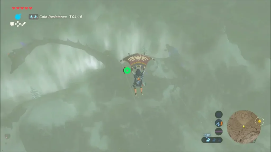 Link gliding on the Paraglider over the snowy mountain with Naydra's coils below Link gliding on the Paraglider over the snowy mountain with Naydra's coils below