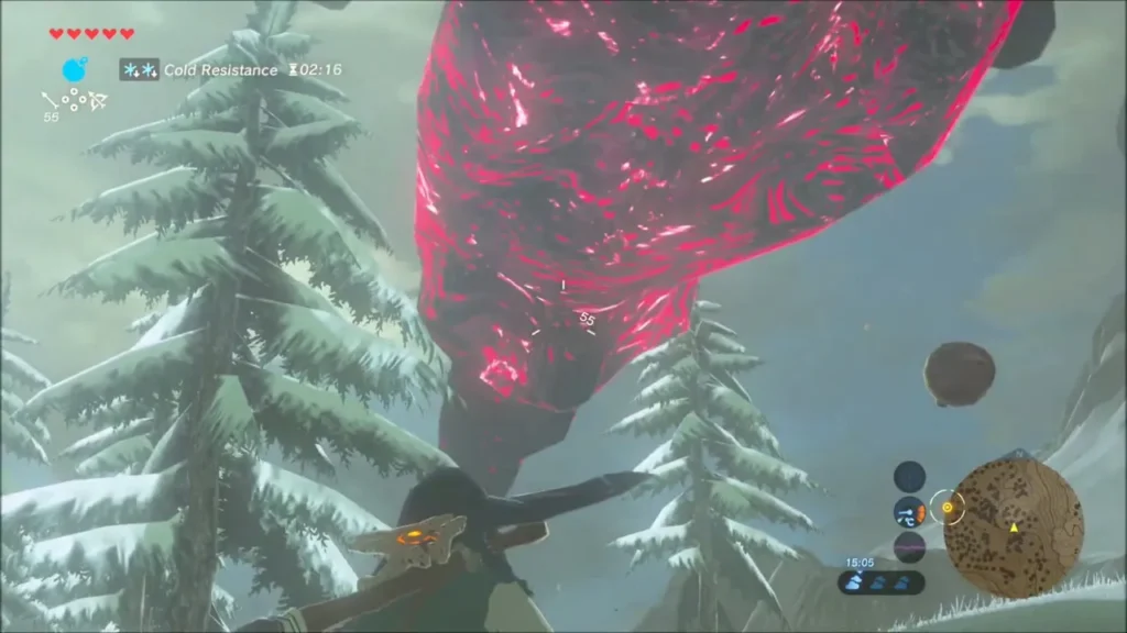 Link aiming up at Naydra's glowing red body among snowy pines Link aiming up at Naydra's glowing red body among snowy pines