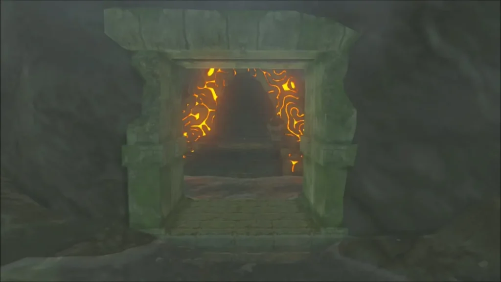 The shrine entrance glowing orange as its door opens behind the spring The shrine entrance glowing orange as its door opens behind the spring