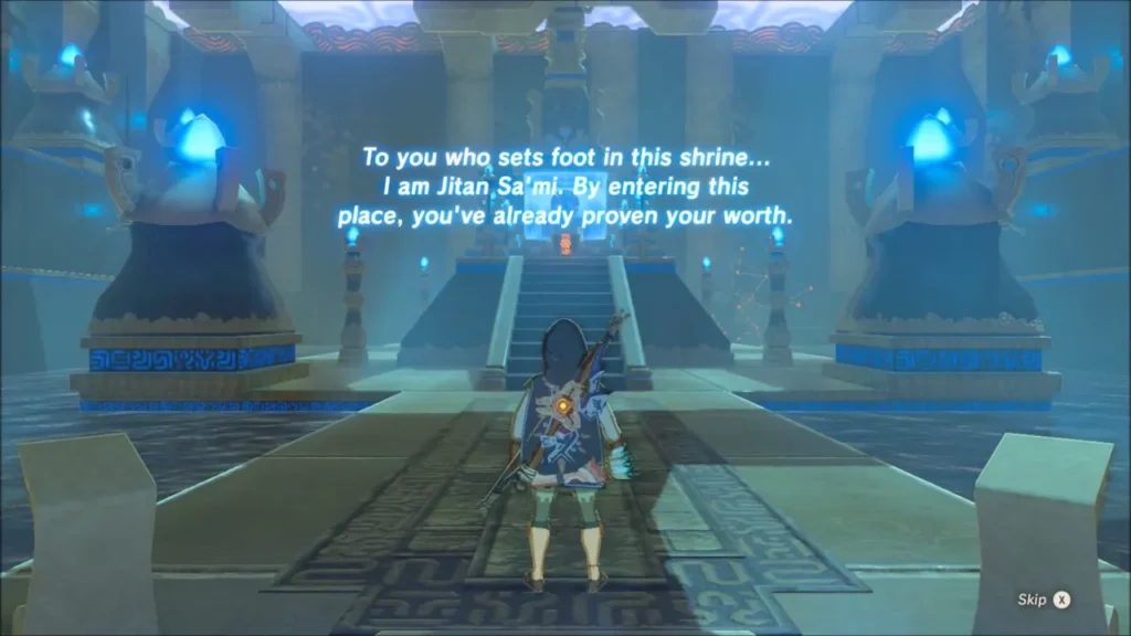 Link entering the Jitan Sa'mi Shrine hall as the monk's voice greets him Link entering the Jitan Sa'mi Shrine hall as the monk's voice greets him