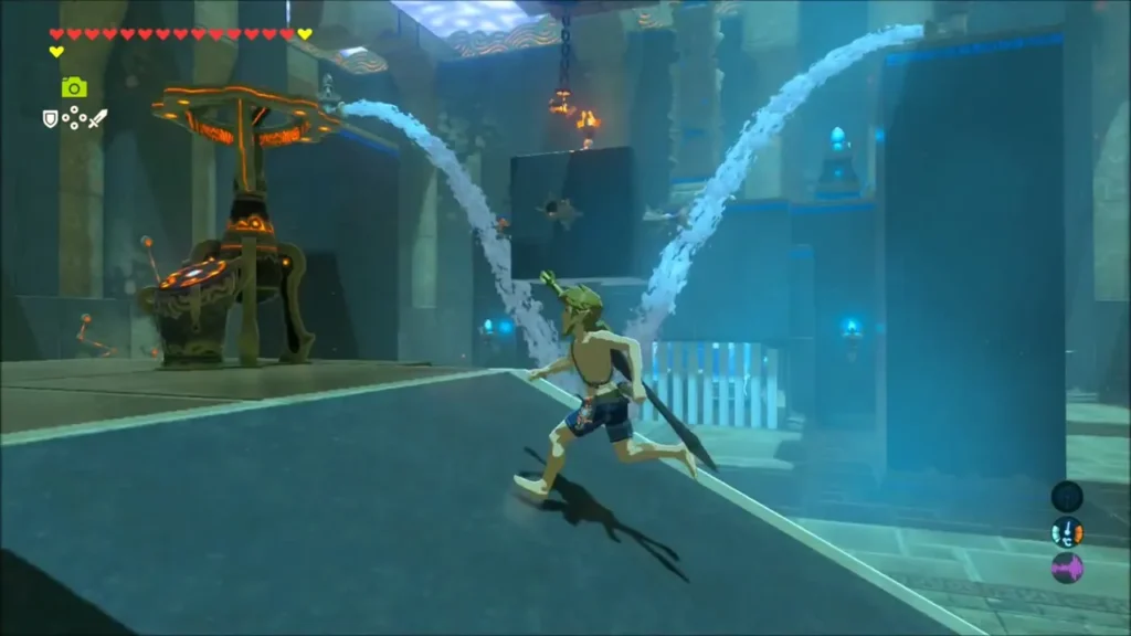 Link running past the metal block held over the fan streams Link running past the metal block held over the fan streams