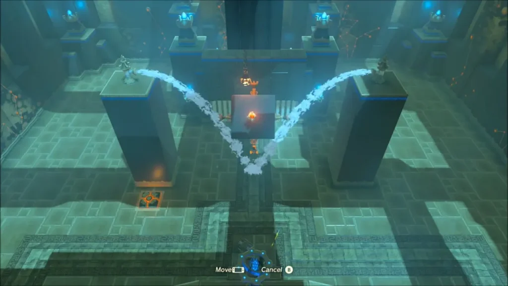 The cube hanging between two pillars with water arcing from both sides and a torch below The cube hanging between two pillars with water arcing from both sides and a torch below