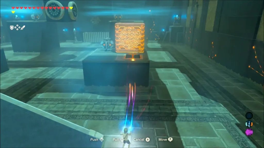 Link using Magnesis on a glowing cube sitting on a pedestal Link using Magnesis on a glowing cube sitting on a pedestal