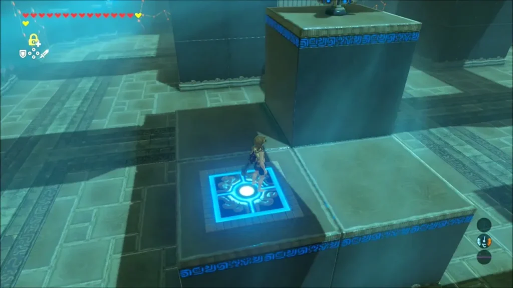 Link standing on a glowing floor switch atop a block Link standing on a glowing floor switch atop a block