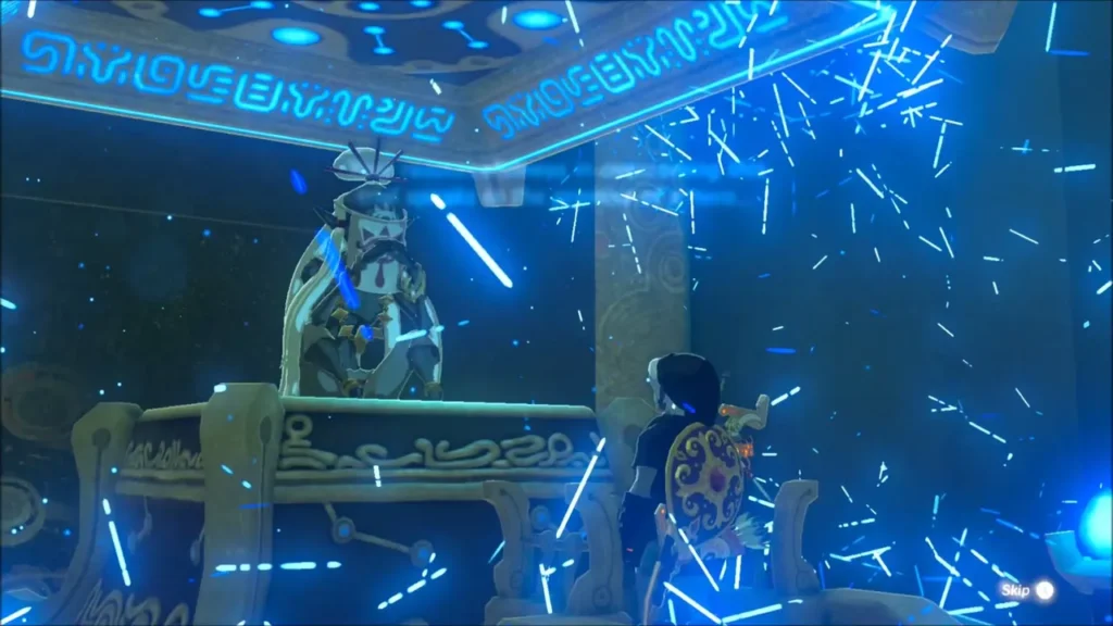 Monk Kaam Ya'tak rising in a burst of blue light before Link Monk Kaam Ya'tak rising in a burst of blue light before Link