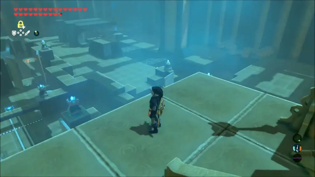 Link standing on the raised platform above the shrine's block maze Link standing on the raised platform above the shrine's block maze