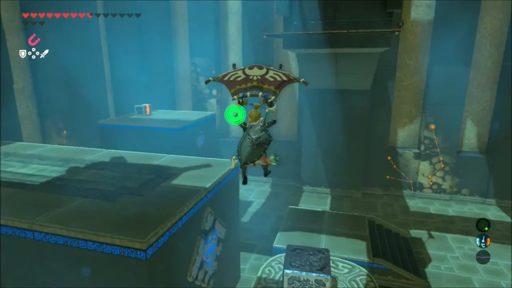 Link gliding across the shrine after being launched by the scale Link gliding across the shrine after being launched by the scale