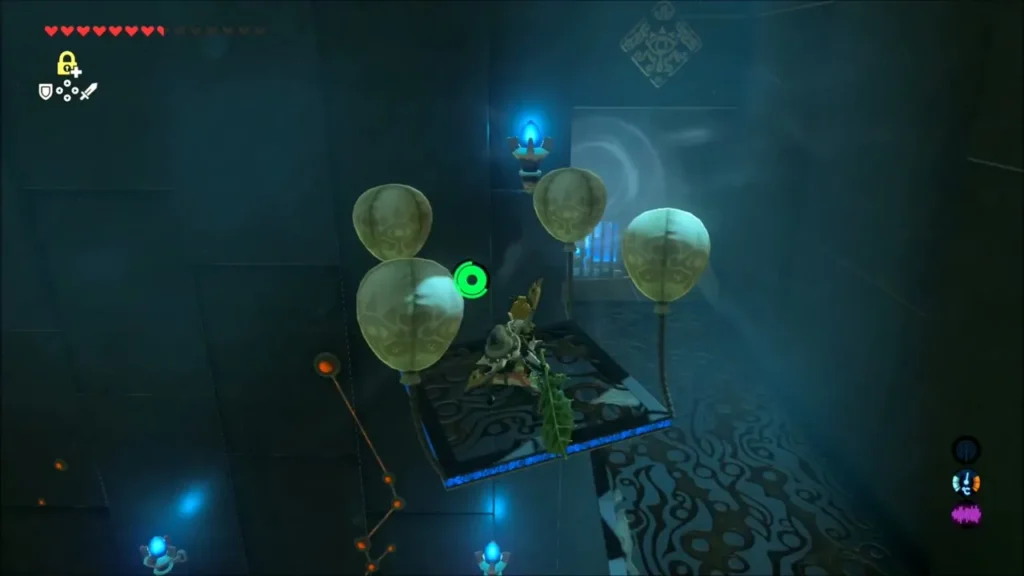 Link steering the balloon platform with the Korok Leaf Link steering the balloon platform with the Korok Leaf