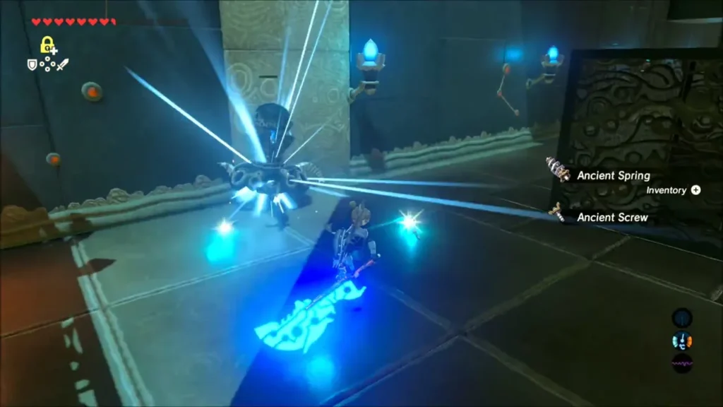 Link striking a Guardian Scout, scattering ancient parts Link striking a Guardian Scout, scattering ancient parts
