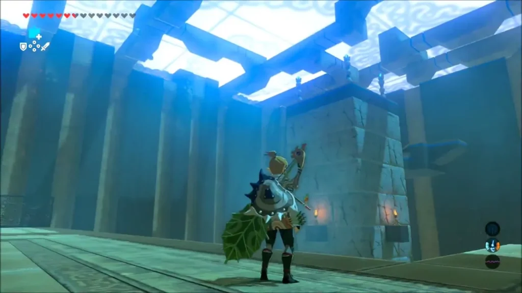 Link aiming a bow up at a tall stone column under a skylight Link aiming a bow up at a tall stone column under a skylight