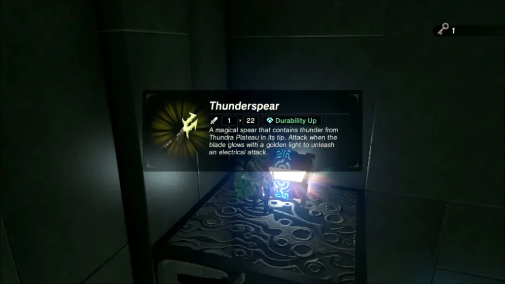 Link opening a chest in the dark room to receive a Thunderspear Link opening a chest in the dark room to receive a Thunderspear