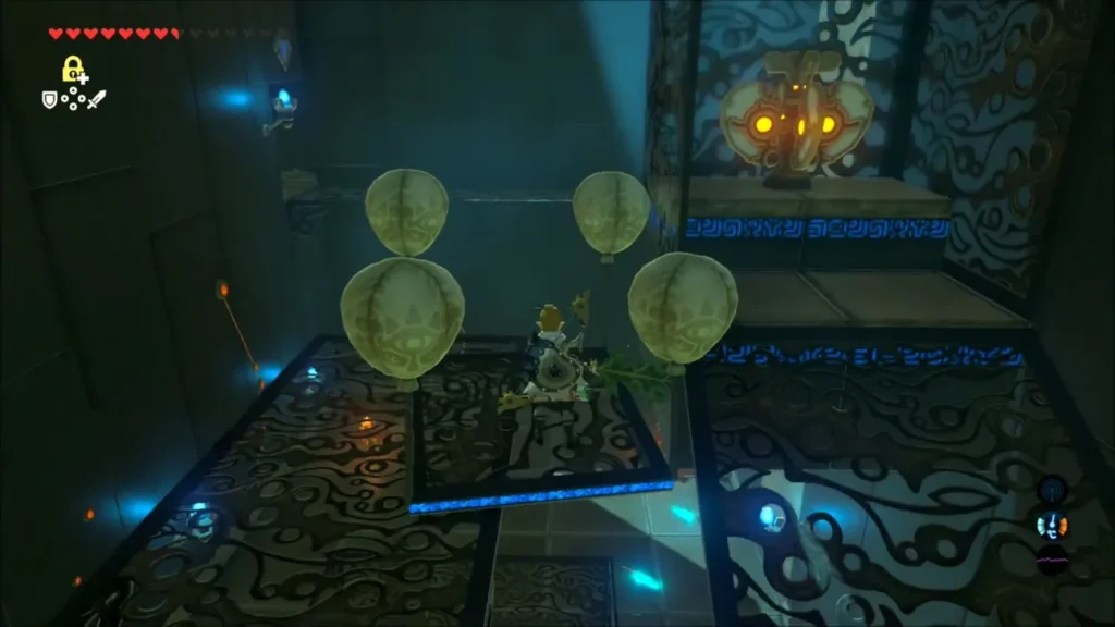 Link riding a balloon platform past an Ancient Guardian ornament in Kah Okeo Shrine Link riding a balloon platform past an Ancient Guardian ornament in Kah Okeo Shrine
