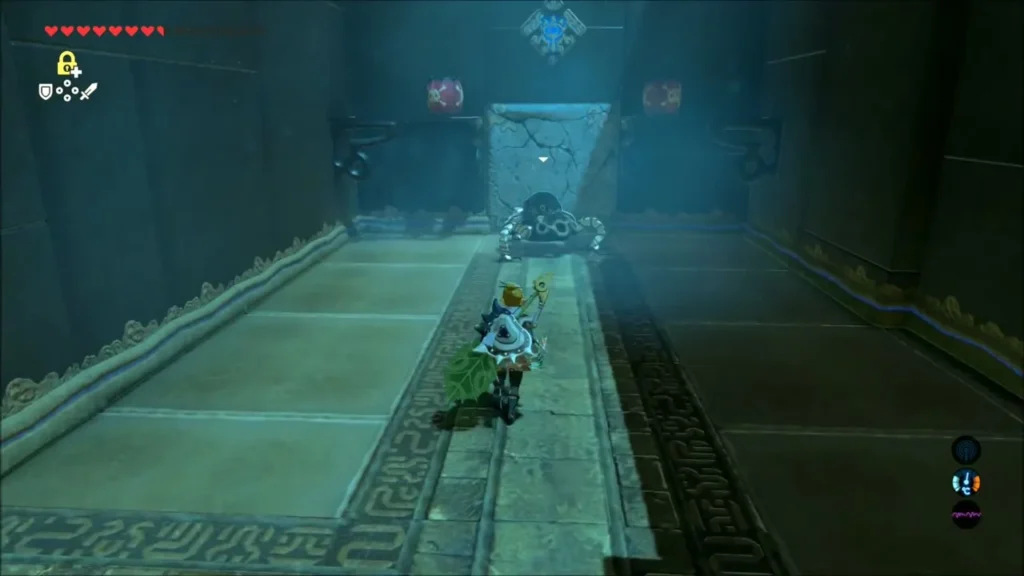 Link approaching a Guardian Scout in front of a cracked wall Link approaching a Guardian Scout in front of a cracked wall