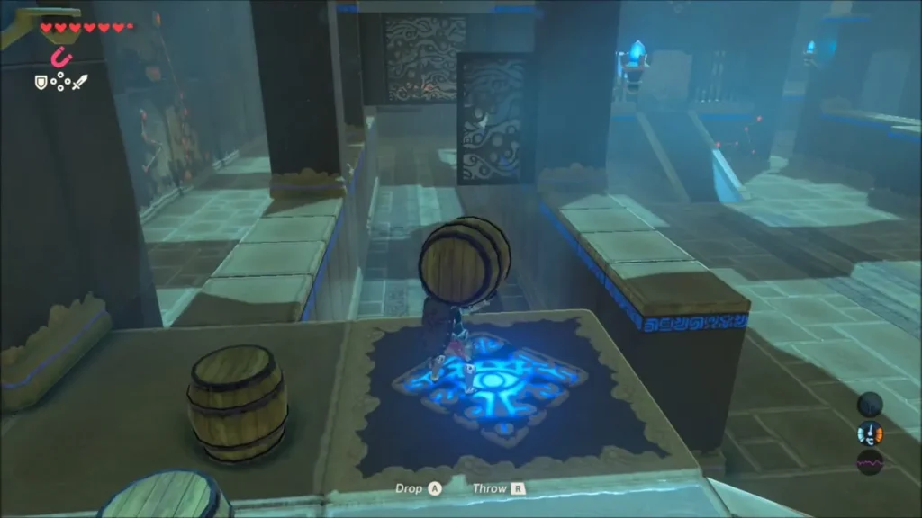 Link holding a barrel over the glowing floor switch Link holding a barrel over the glowing floor switch