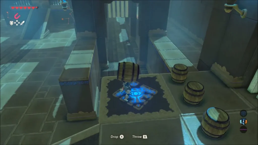 Link riding the platform with a barrel toward the switch Link riding the platform with a barrel toward the switch