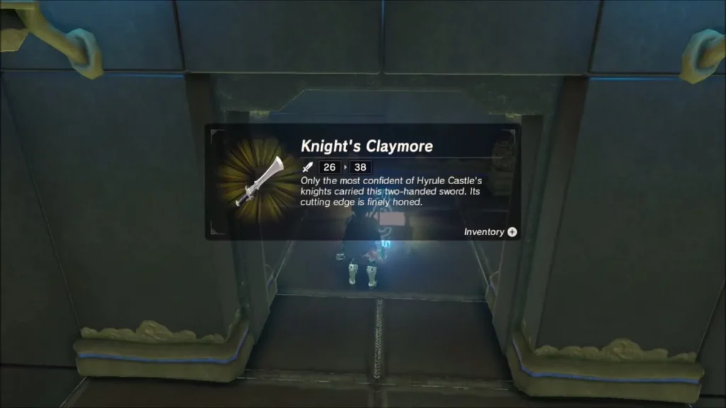 Link receiving the Knight's Claymore from the chest Link receiving the Knight's Claymore from the chest