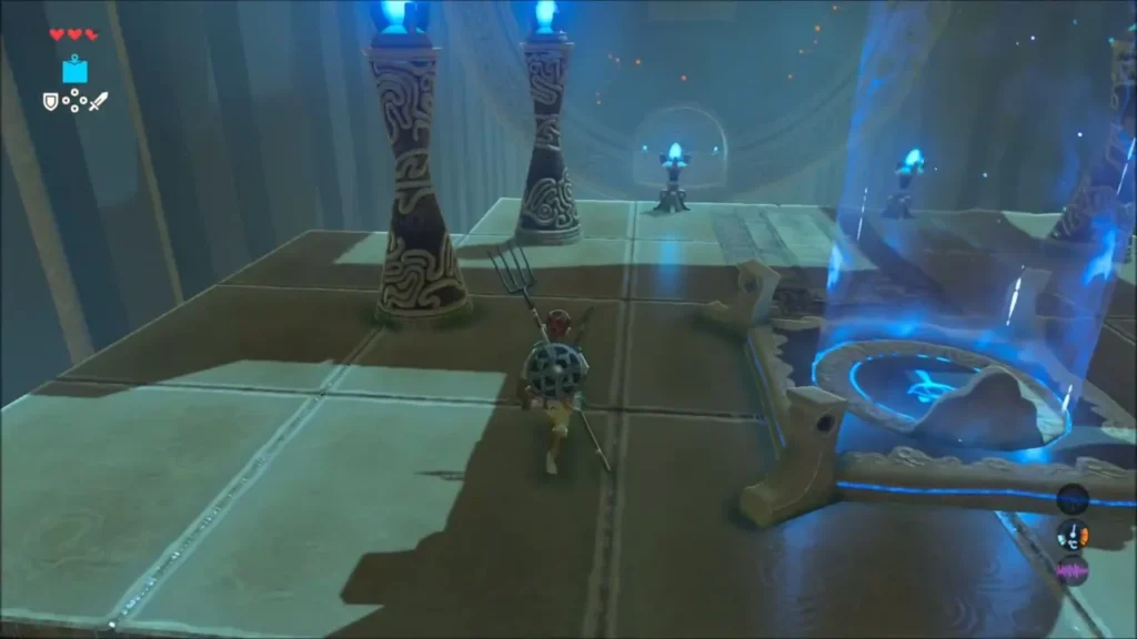 Link running across the entry platform toward the rotating wheel in Kam Urog Shrine Link running across the entry platform toward the rotating wheel in Kam Urog Shrine