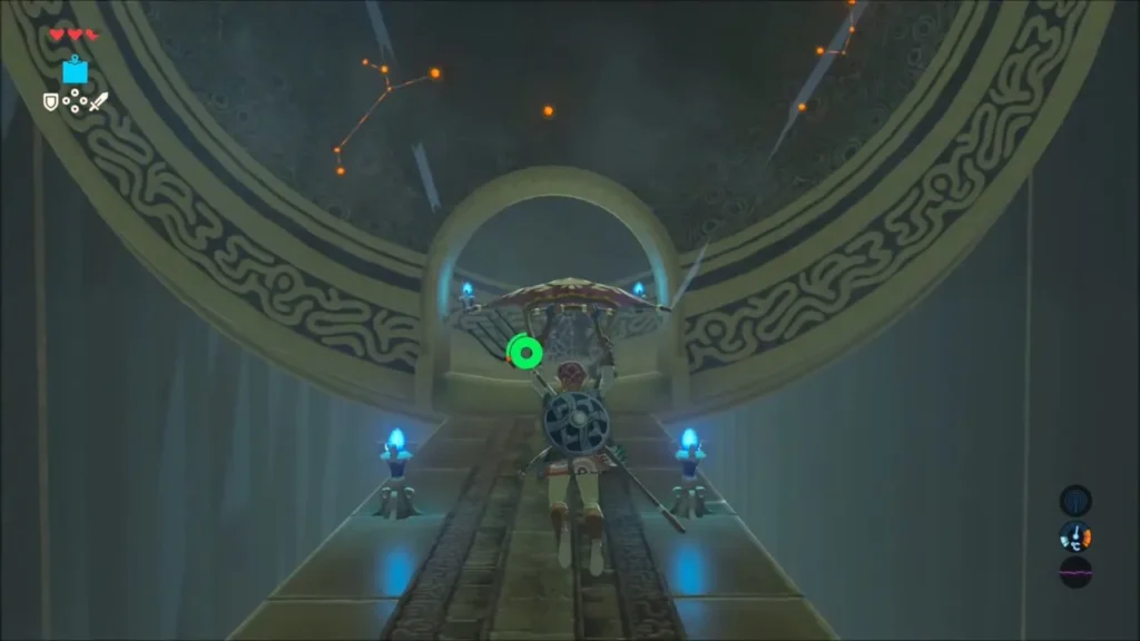 Link crossing the narrow walkway beneath the circular wheel arch in Kam Urog Shrine Link crossing the narrow walkway beneath the circular wheel arch in Kam Urog Shrine