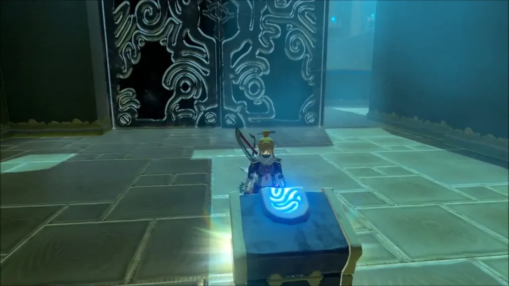 An opened chest glowing in front of the metal doors An opened chest glowing in front of the metal doors
