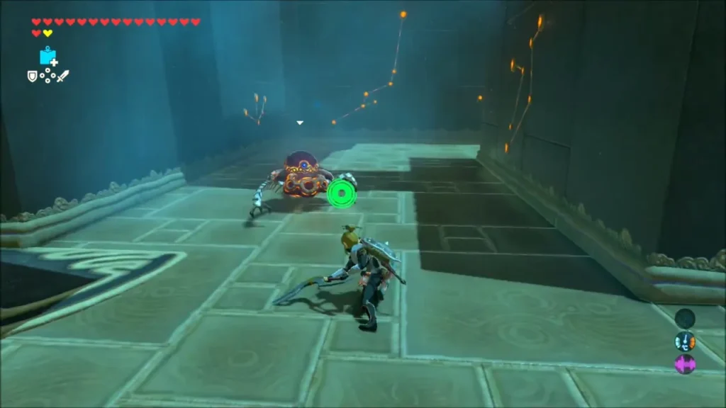 Link facing a Guardian Scout across the shrine hall Link facing a Guardian Scout across the shrine hall