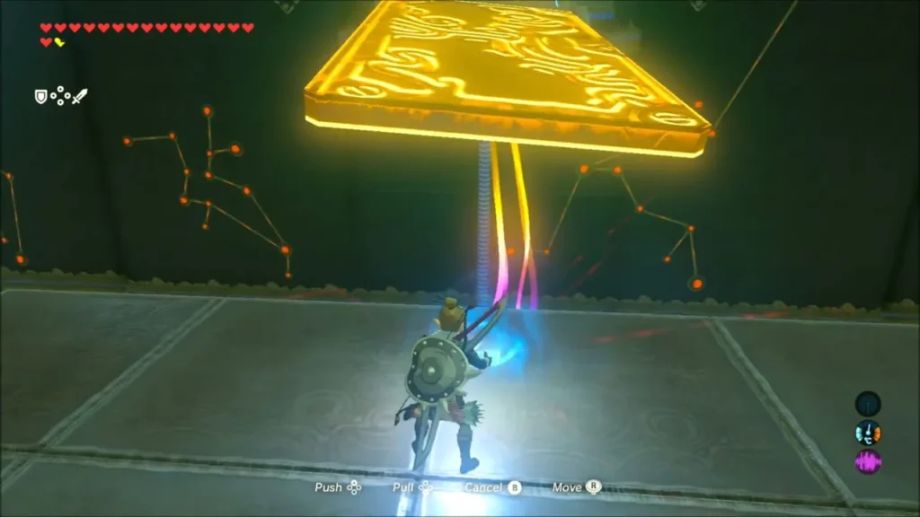 Link using Magnesis to tilt a metal door into a ramp inside Ka'o Makagh Shrine Link using Magnesis to tilt a metal door into a ramp inside Ka'o Makagh Shrine
