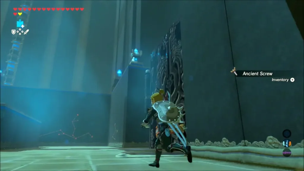 Link running past a metal door raised with Magnesis Link running past a metal door raised with Magnesis