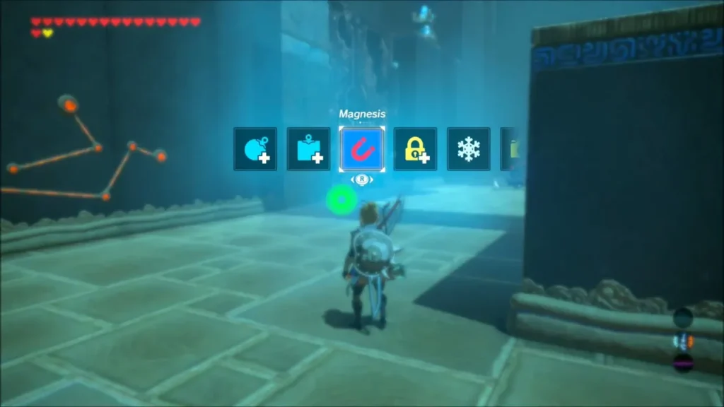 Link selecting the Magnesis rune inside Ka'o Makagh Shrine Link selecting the Magnesis rune inside Ka'o Makagh Shrine