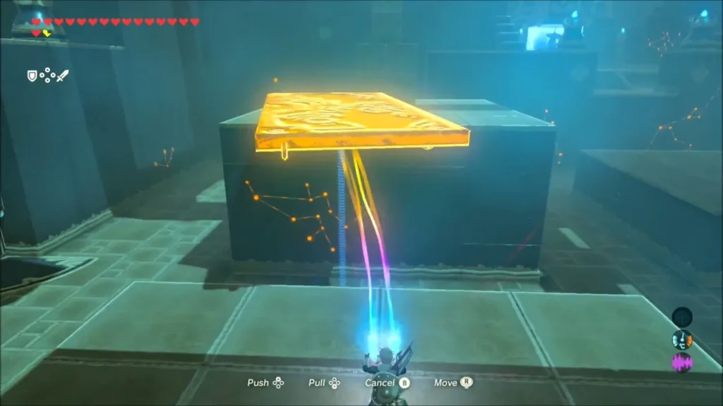 Link steering a metal slab onto a high platform Link steering a metal slab onto a high platform