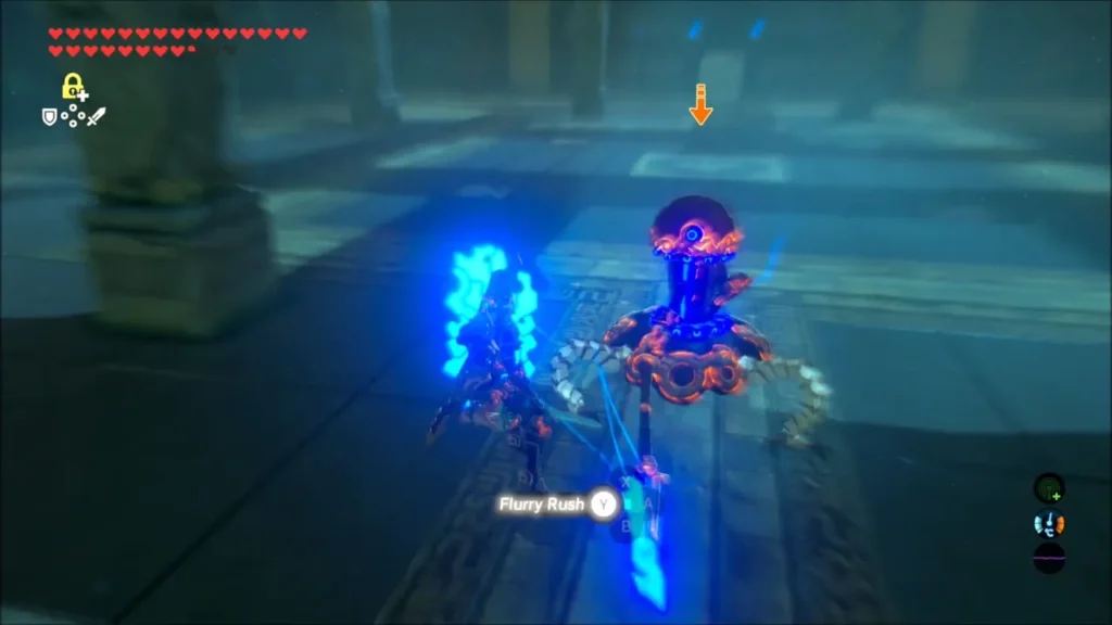 Link dodging beside the Guardian Scout with the Flurry Rush prompt showing Link dodging beside the Guardian Scout with the Flurry Rush prompt showing