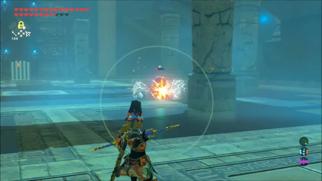 Link landing a hit on a Guardian Scout with a spark burst Link landing a hit on a Guardian Scout with a spark burst
