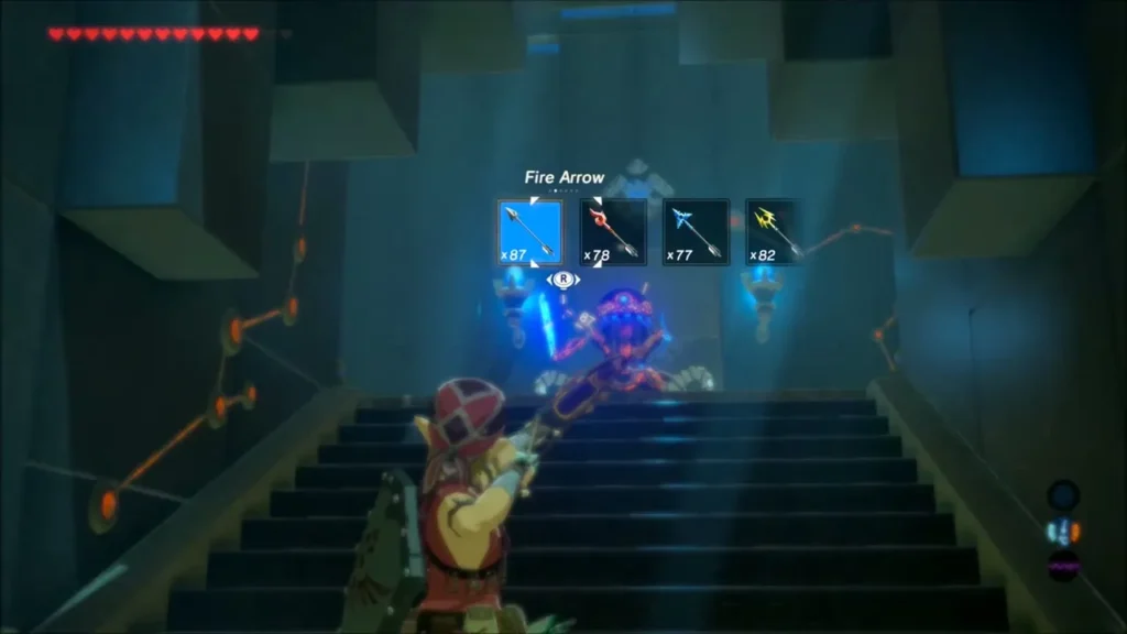 Link aiming a bow up the stairs at a Guardian Scout Link aiming a bow up the stairs at a Guardian Scout