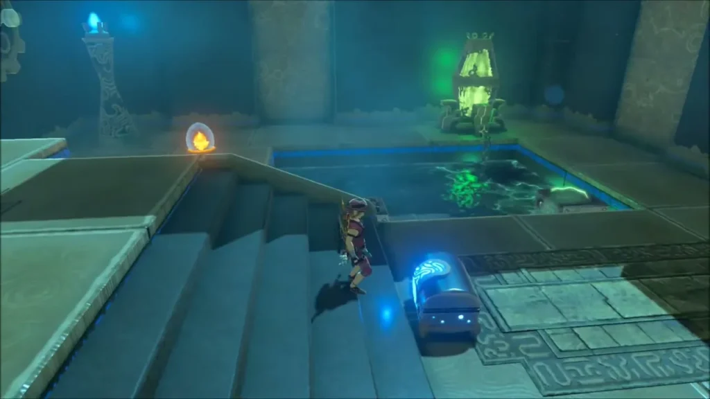 Link lowering a glowing chest down the stairs with Magnesis Link lowering a glowing chest down the stairs with Magnesis