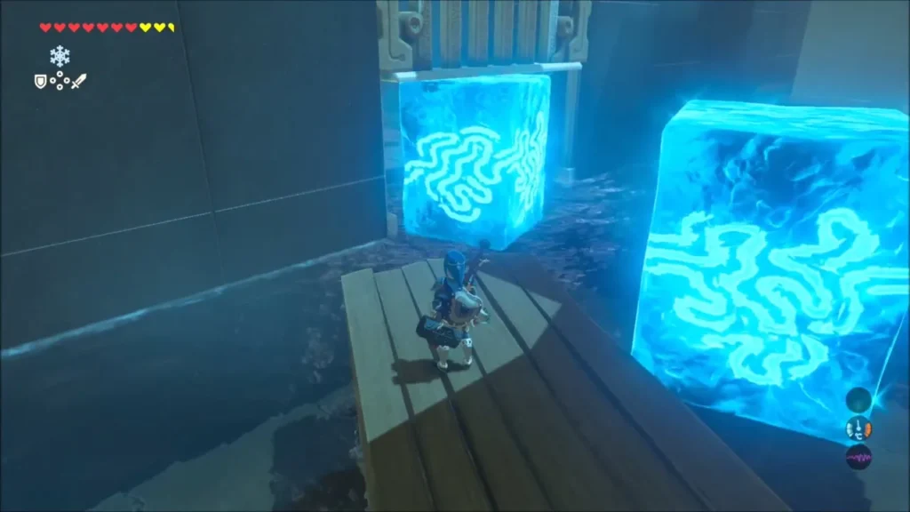 Link on a wooden raft beside ice blocks for cover Link on a wooden raft beside ice blocks for cover