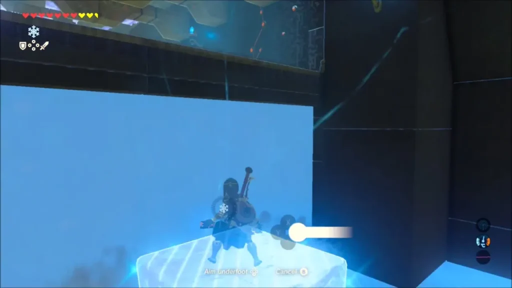 Link aiming Cryonis at the wall of water from an ice block Link aiming Cryonis at the wall of water from an ice block