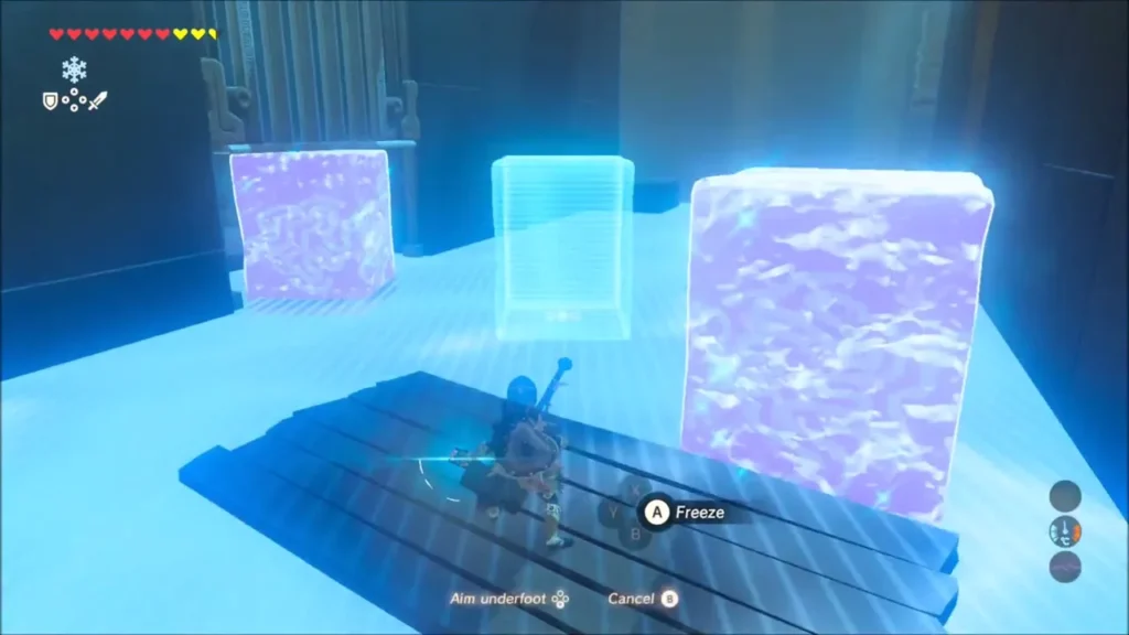 Link on an ice platform making ice blocks beside a raised gate Link on an ice platform making ice blocks beside a raised gate