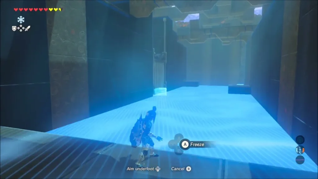 Link freezing a path across the rushing water in the hall Link freezing a path across the rushing water in the hall